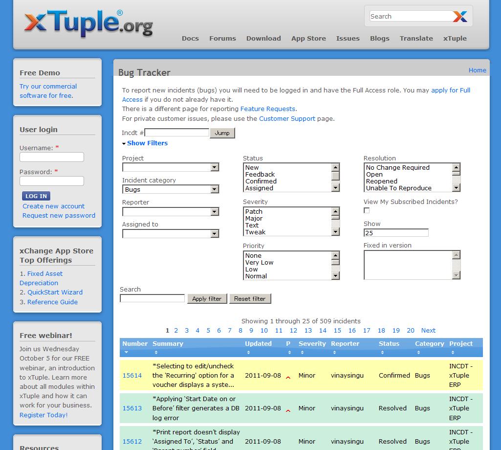 オープンソースソフトウェアERPシステム xTuple PostBooks のバグトラッカー